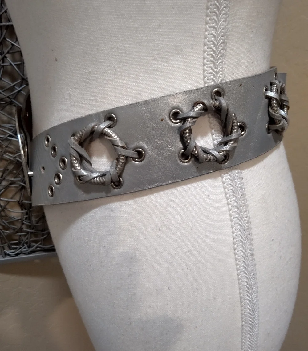 Chico's Wide Silver Belt with Circle Details and Metal Oval Hook Buckle